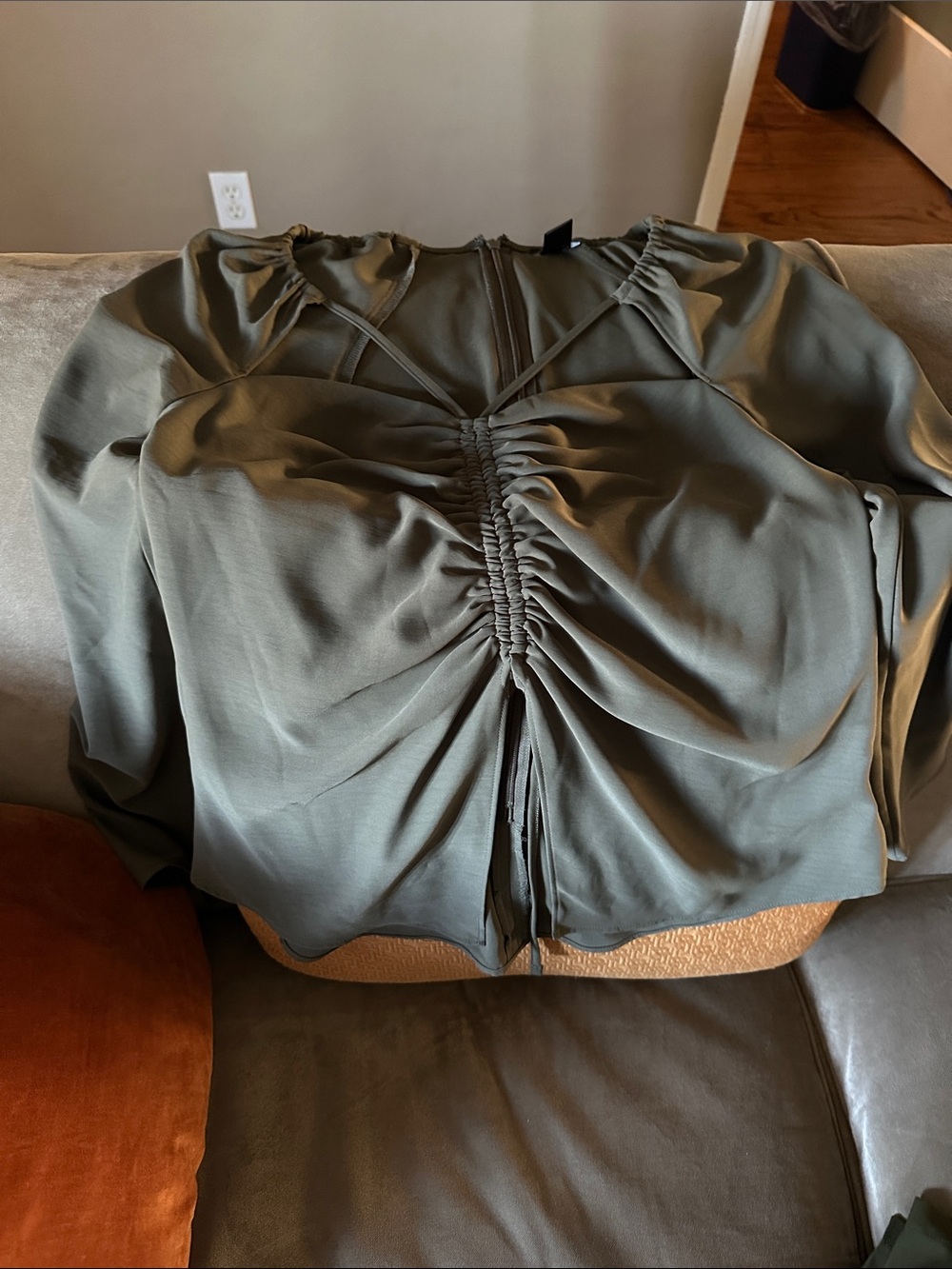 Express Olive Ruched Front Long Sleeve Blouse